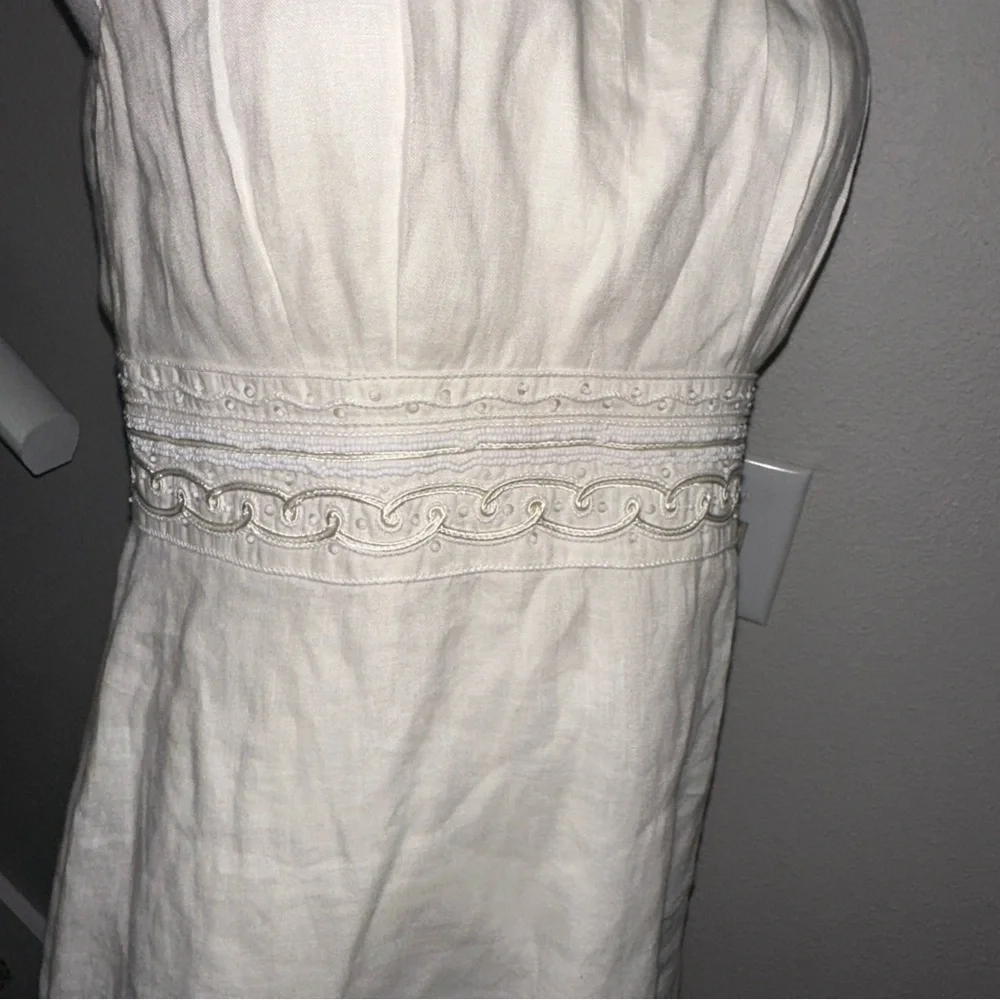 Ann Taylor Halter Beaded  lined Linen Midi Dress Off White S 8 EUC Hidden Zipper - Picture 2 of 8